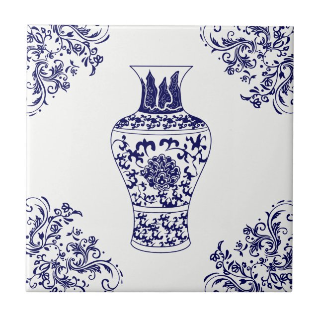 Blue Willow Chinoiserie White and Blue Ginger Jar  Ceramic Tile (Front)