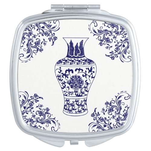 Blue Willow Chinoiserie White and Blue Ginger Jar Compact Mirror