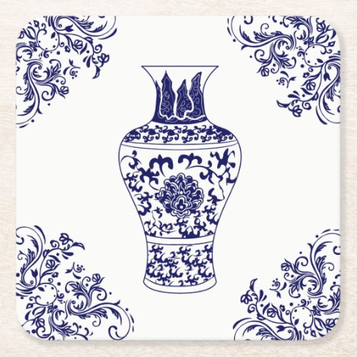 Blue Willow Chinoiserie White and Blue Ginger Jar Square Paper Coaster