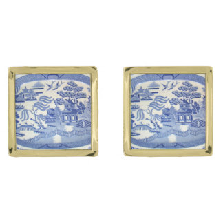 Blue Willow Cuff-links in Square Gold Plated Frame Cufflinks