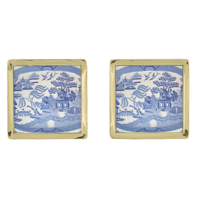 Blue Willow Cuff-links in Square Gold Plated Frame Cufflinks (Front)