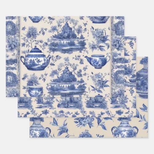Blue willow Decoupage Set of Three  Wrapping Paper Sheets