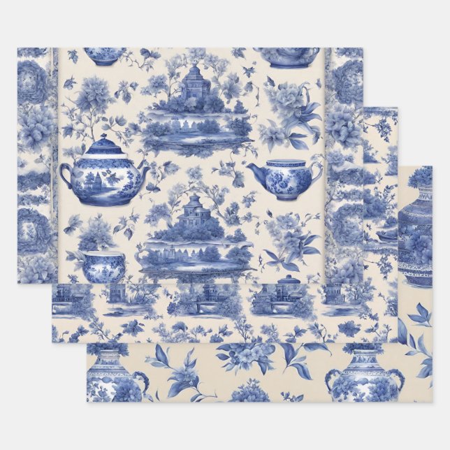 Blue willow Decoupage Set of Three  Wrapping Paper Sheets (Set)