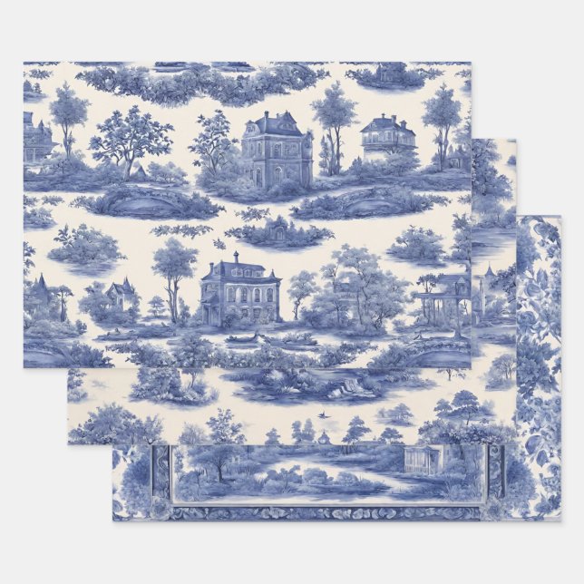 Blue willow Decoupage Set of Three  Wrapping Paper Sheets (Set)