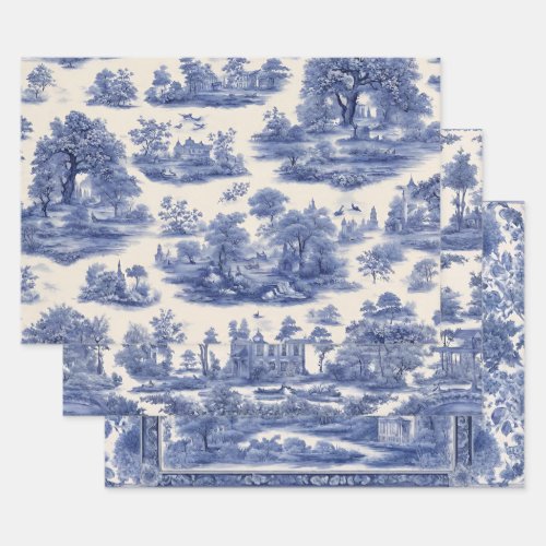 Blue willow Decoupage Set of Three  Wrapping Paper Sheets