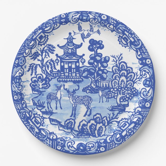 Blue Willow Deer Asian Temple Garden Art Paper Plates (Front)