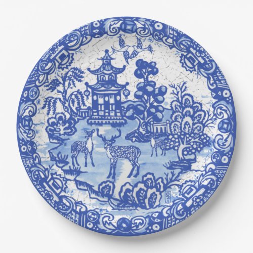 Blue Willow Deer Asian Temple Garden Crackle Look Paper Plates