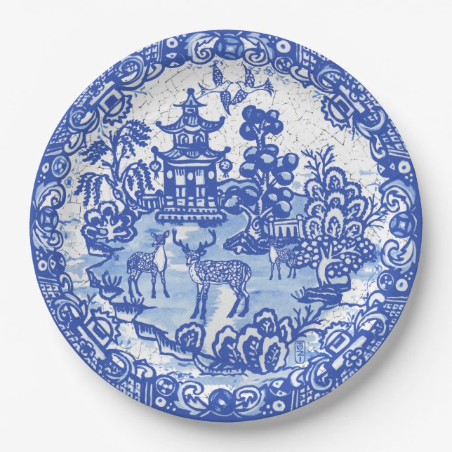 Blue Willow Deer Asian Temple Garden Crackle Look Paper Plates (Front)