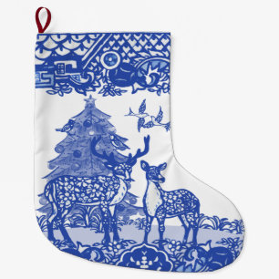 Blue Willow Deer Bird Xmas Tree Unique Woodland Large Christmas Stocking