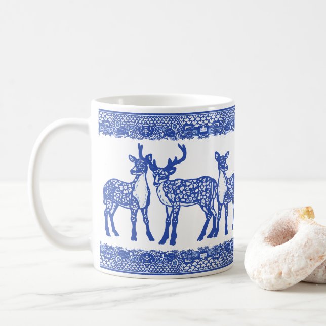 Blue Willow Deer Buck Doe Unique Whimsical Animal Coffee Mug (With Donut)
