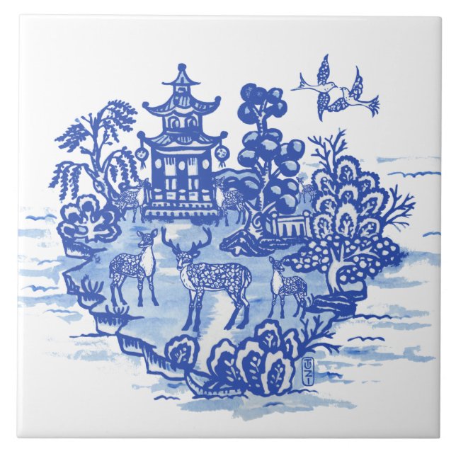 Blue Willow Deer Herd Antique Pagoda Phoenix Ceramic Tile (Front)