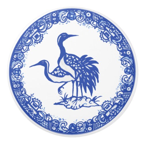 Blue Willow Design Floral Crane Pair Facing Left Ceramic Knob