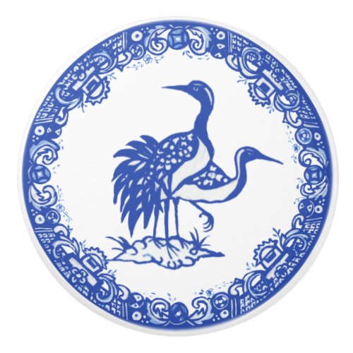 Blue Willow Design Floral Crane Pair Facing Right Ceramic Knob