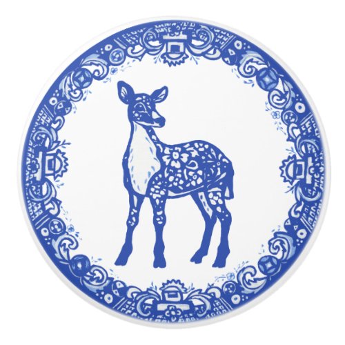Blue Willow Design Floral Deer Doe Faces Left Ceramic Knob