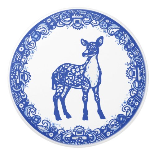 Blue Willow Design Floral Deer Doe Faces Right Ceramic Knob