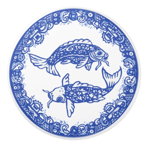 Blue Willow Design Floral Koi Fish Oriental Unique Ceramic Knob