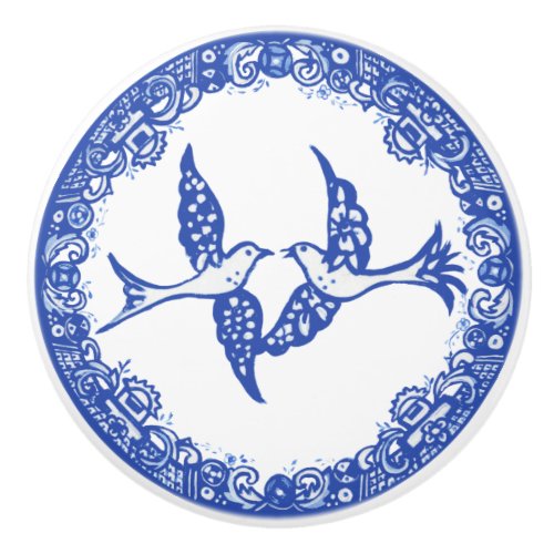 Blue Willow Design Floral Phoenix Birds Whimsical Ceramic Knob
