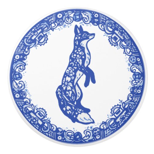 Blue Willow Design Fox Standing Facing Right Ceramic Knob