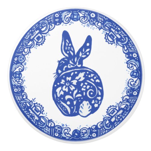 Blue Willow Design Rabbit Bunny Cute Faces Left Ceramic Knob