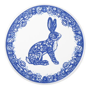 Blue Willow Design Rabbit Bunny Cute Faces Right Ceramic Knob