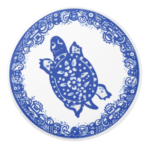 Blue Willow Design Spotted Turtle Cute Faces Left Ceramic Knob