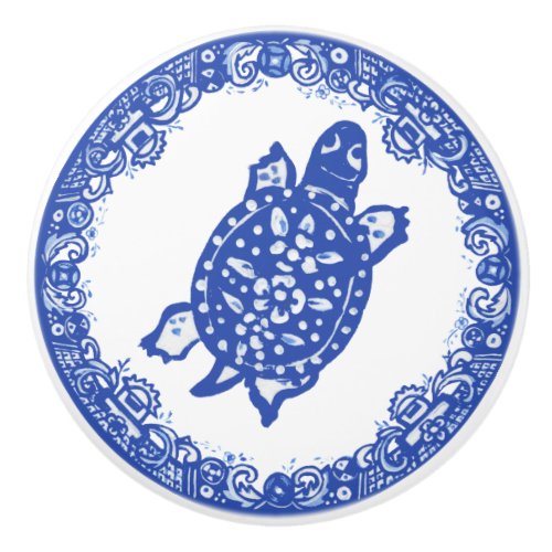 Blue Willow Design Spotted Turtle Cute Faces Right Ceramic Knob