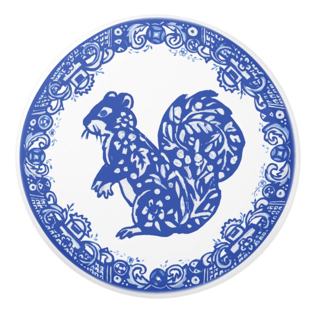 Blue Willow Design Squirrel Whimsical Faces Left Ceramic Knob (Front)