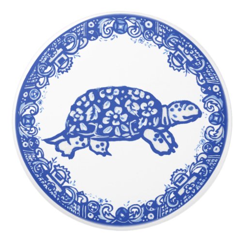 Blue Willow Design Turtle Tortoise Cute Face Right Ceramic Knob