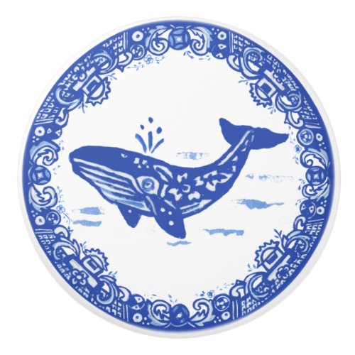 Blue Willow Design Whale Whimsical Faces Left Ceramic Knob