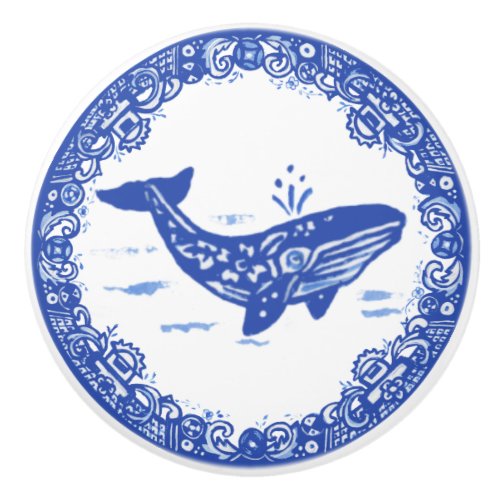 Blue Willow Design Whale Whimsical Faces Right Ceramic Knob