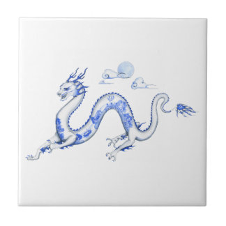 Blue Willow Dragon Tile with White Background
