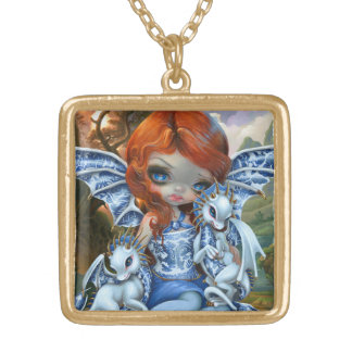 "Blue Willow Dragonlings" Gold Plated Necklace