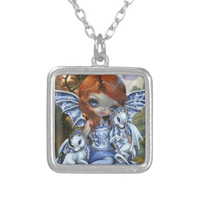 "Blue Willow Dragonlings" Silver Plated Necklace (Front)