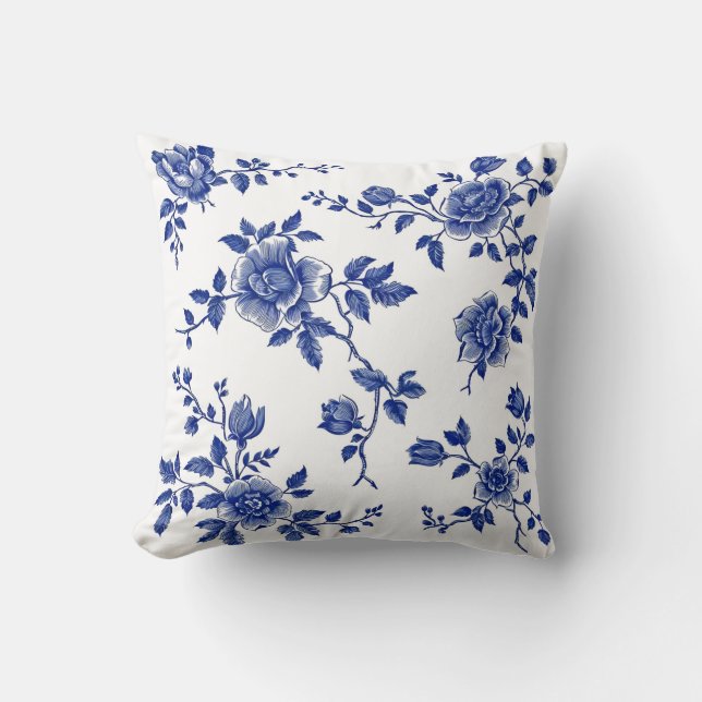  Blue Willow Floral Throw Pillow (Front)