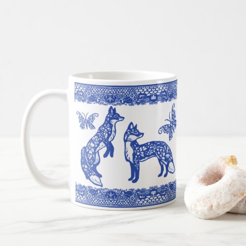 Blue Willow Fox Foxes Butterfly Whimsical Animal Coffee Mug