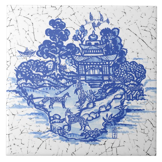 Blue Willow Fox Foxes Floral Antique Pagoda Bird Ceramic Tile (Front)