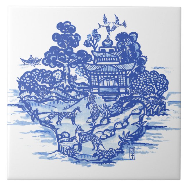 Blue Willow Fox Foxes Floral Antique Pagoda Bird Ceramic Tile (Front)
