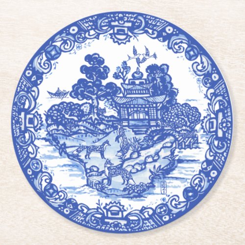 Blue Willow Fox Foxes Floral Antique Pagoda Bird Round Paper Coaster