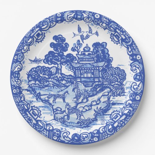 Blue Willow Fox Island Asian Temple Garden Art Paper Plates