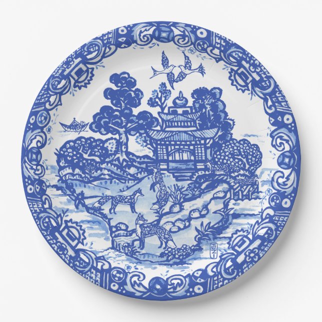 Blue Willow Fox Island Asian Temple Garden Art Paper Plates (Front)