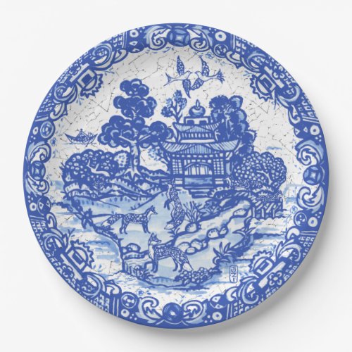 Blue Willow Fox Island Asian Temple Garden Crackle Paper Plates
