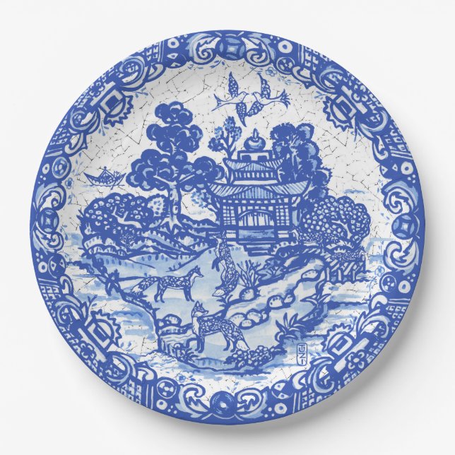 Blue Willow Fox Island Asian Temple Garden Crackle Paper Plates (Front)