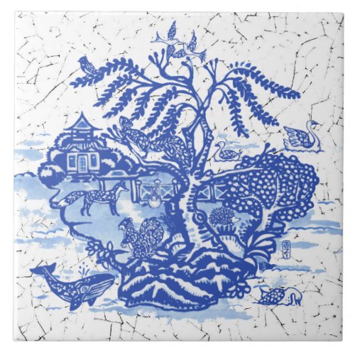 Blue Willow Fox Rabbit Squirrel Bird Whale Pagoda Ceramic Tile