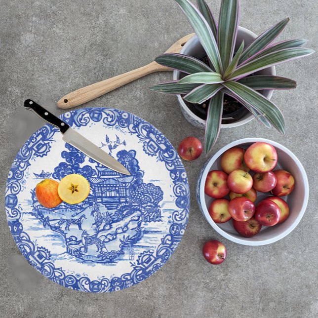 Blue Willow Fox Whimsical Floral Scene Birds Cutting Board (Creator Uploaded)