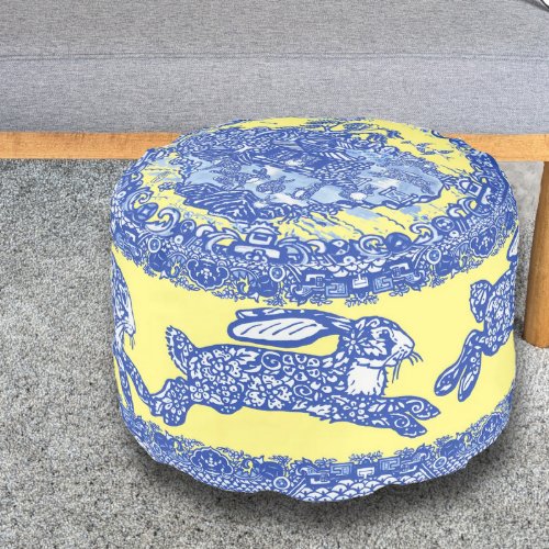 Blue Willow Isle of Rabbits Yellow Whimsical Pouf