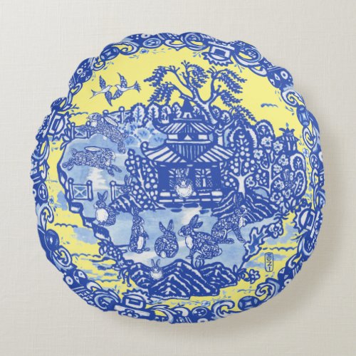 Blue Willow Isle of Rabbits Yellow Whimsical Round Pillow
