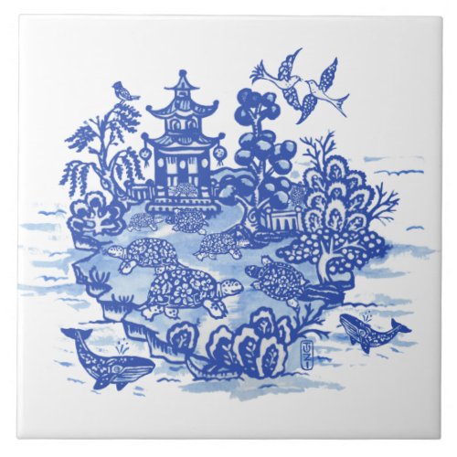 Blue Willow Isle of Turtles Whimsical Garden Ceramic Tile