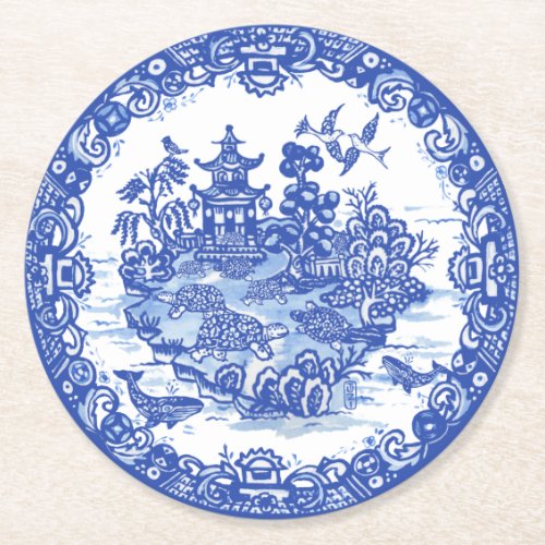 Blue Willow Isle of Turtles Whimsical Garden Round Paper Coaster