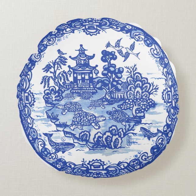 Blue Willow Isle of Turtles Whimsical Garden Round Pillow (Front)