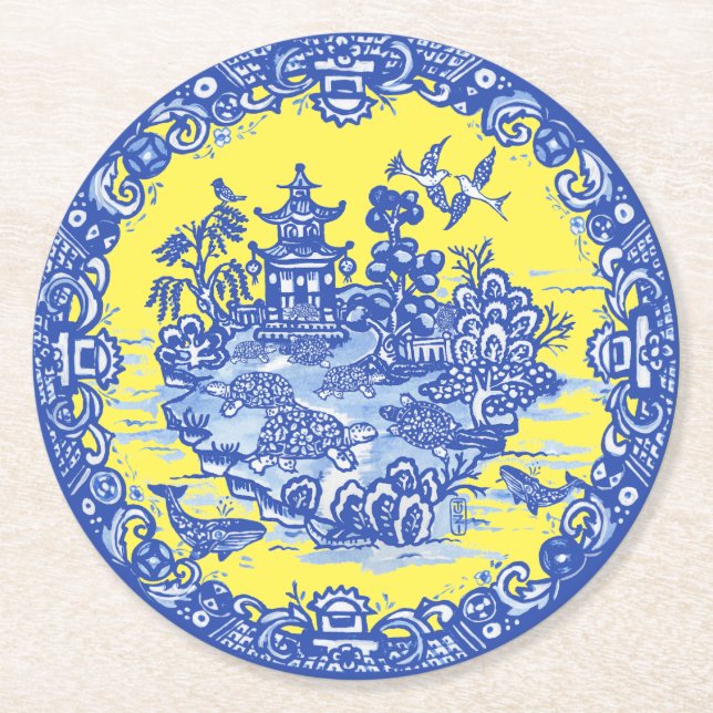 Blue Willow Isle of TurtlesYellow Garden  Round Paper Coaster (Front)